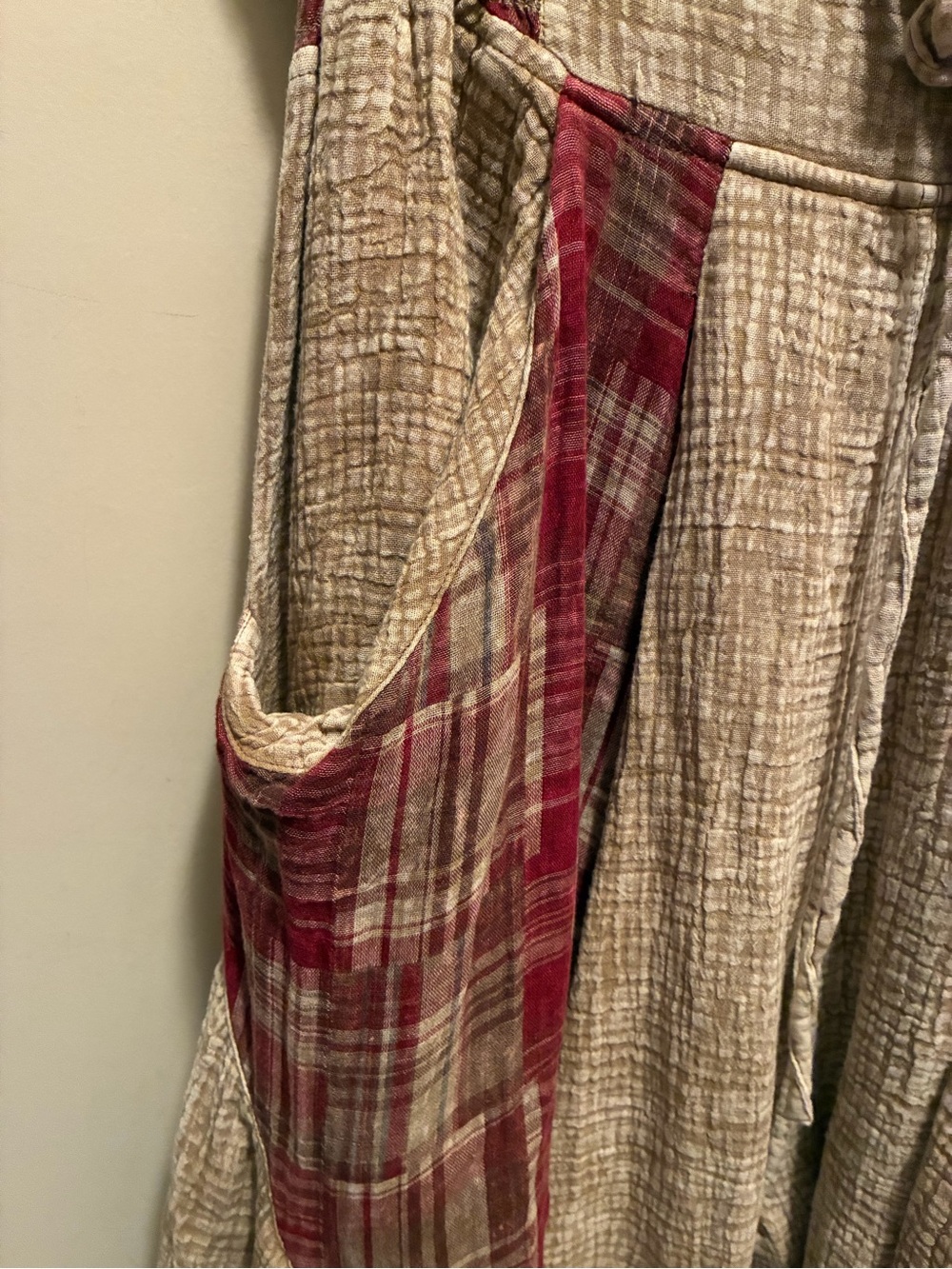 PAPER LACE Boho Wide-Leg Patchwork Pants in Tan and Red Plaid SMALL - Picture 6 of 7